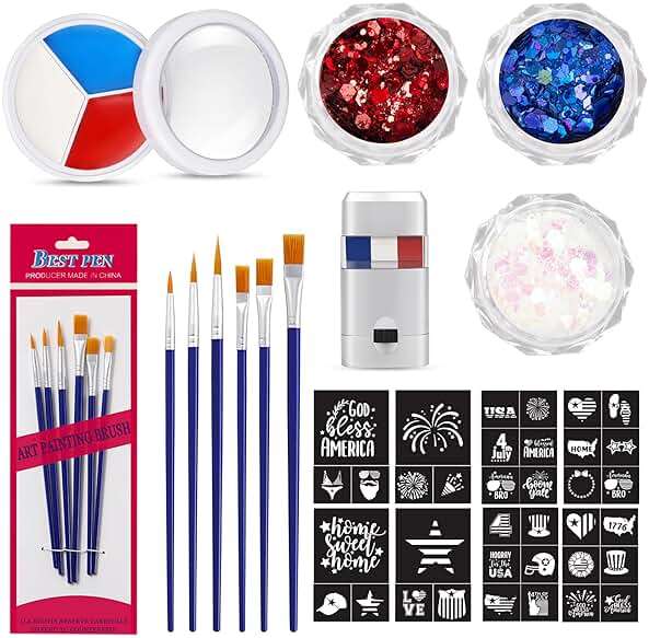 19 Pcs Red White Blue Face Paint Kit Patriotic Stripe Fan Brush Stick 3 Color Face Glitter Powder Stencil Stickers with Makeup Brush Independence Day Face Painting Kit for Memorial Day Party Favors - Image 1