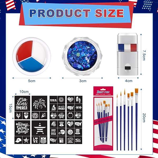 19 Pcs Red White Blue Face Paint Kit Patriotic Stripe Fan Brush Stick 3 Color Face Glitter Powder Stencil Stickers with Makeup Brush Independence Day Face Painting Kit for Memorial Day Party Favors - Image 2