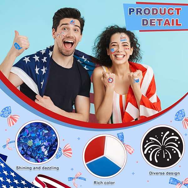 19 Pcs Red White Blue Face Paint Kit Patriotic Stripe Fan Brush Stick 3 Color Face Glitter Powder Stencil Stickers with Makeup Brush Independence Day Face Painting Kit for Memorial Day Party Favors - Image 3