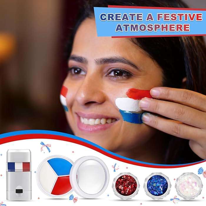 19 Pcs Red White Blue Face Paint Kit Patriotic Stripe Fan Brush Stick 3 Color Face Glitter Powder Stencil Stickers with Makeup Brush Independence Day Face Painting Kit for Memorial Day Party Favors - Image 4