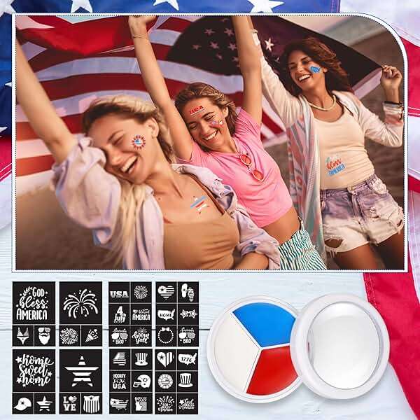 19 Pcs Red White Blue Face Paint Kit Patriotic Stripe Fan Brush Stick 3 Color Face Glitter Powder Stencil Stickers with Makeup Brush Independence Day Face Painting Kit for Memorial Day Party Favors - Image 7