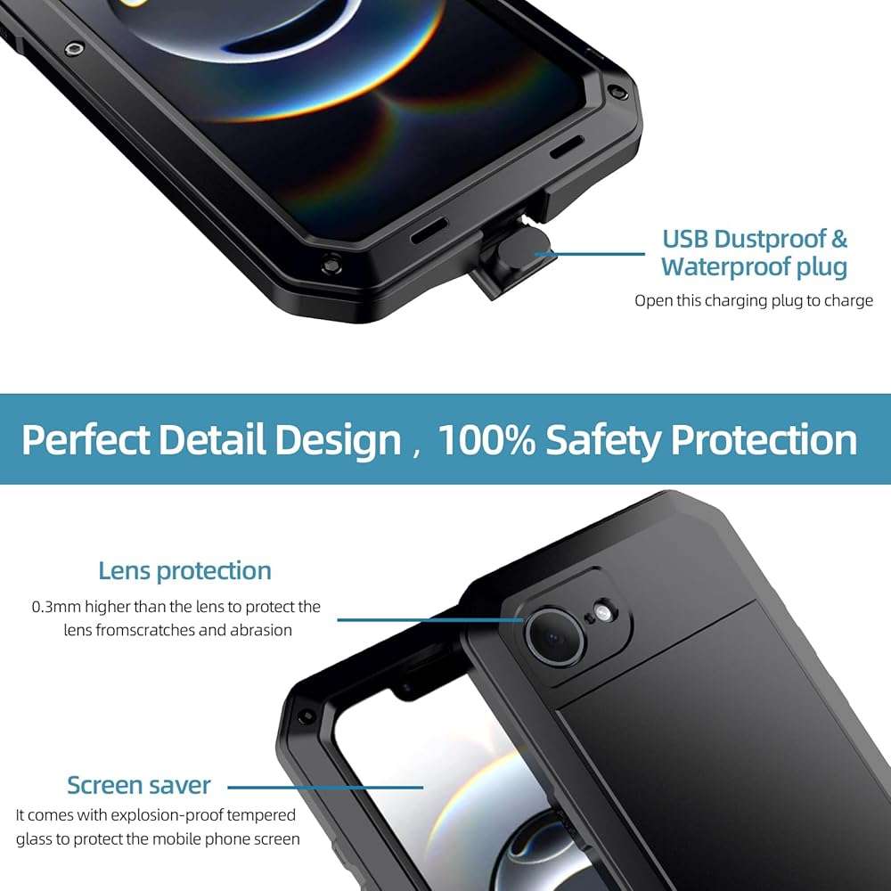 Marrkey for iPhone 16E Metal Case,Heavy Duty Shockproof Aluminum Alloy Tough Armour Military Grade Phone Case for iPhone 17E,Full Body Protective Cover with Silicone Built-in Screen Protector-Black - Image 5