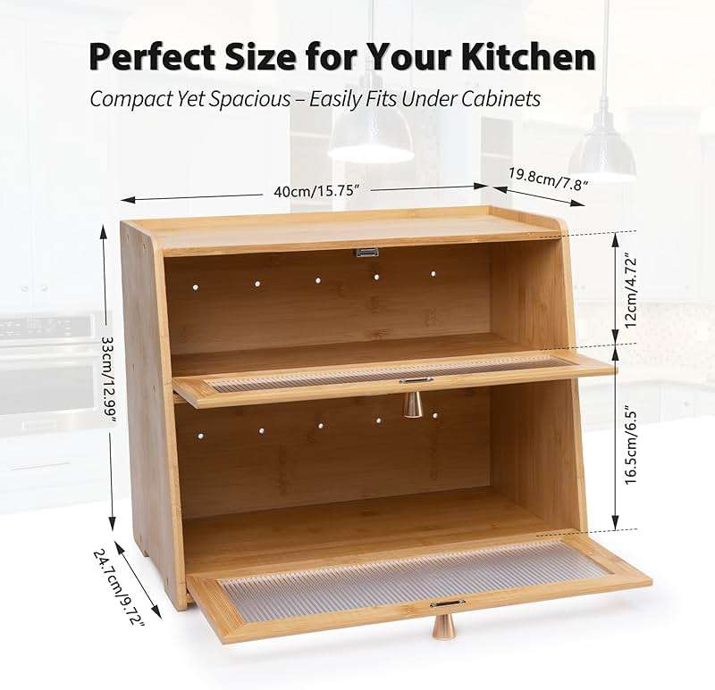 Beautiful Bamboo Bread Box for Kitchen Countertop Non-toxic Double Layer Wooden Breadbox Vitamin Organizer Supplement Bottle Organizer Vitamin Bottle Storage Food-Safe (Assemble Instruction Updated) - Image 2