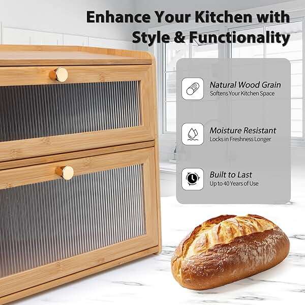 Beautiful Bamboo Bread Box for Kitchen Countertop Non-toxic Double Layer Wooden Breadbox Vitamin Organizer Supplement Bottle Organizer Vitamin Bottle Storage Food-Safe (Assemble Instruction Updated) - Image 3