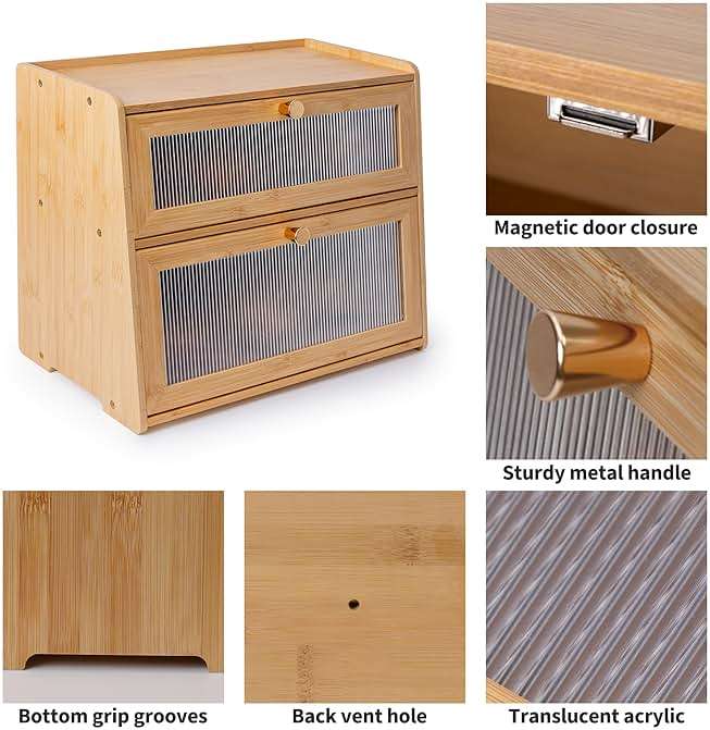 Beautiful Bamboo Bread Box for Kitchen Countertop Non-toxic Double Layer Wooden Breadbox Vitamin Organizer Supplement Bottle Organizer Vitamin Bottle Storage Food-Safe (Assemble Instruction Updated) - Image 4