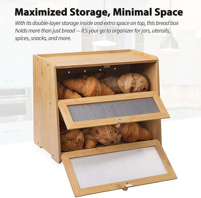 Beautiful Bamboo Bread Box for Kitchen Countertop Non-toxic Double Layer Wooden Breadbox Vitamin Organizer Supplement Bottle Organizer Vitamin Bottle Storage Food-Safe (Assemble Instruction Updated) - Image 5