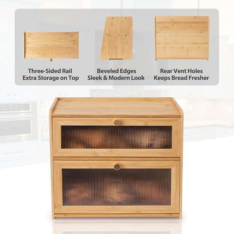 Beautiful Bamboo Bread Box for Kitchen Countertop Non-toxic Double Layer Wooden Breadbox Vitamin Organizer Supplement Bottle Organizer Vitamin Bottle Storage Food-Safe (Assemble Instruction Updated) - Image 6