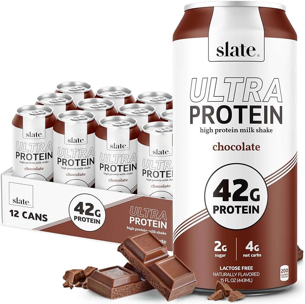 Slate Milk - Ultra Protein Shake - Chocolate - 42g Protein, 1g Sugar, 190 Calories, 2g Net Carbs - Lactose Free, No Added Sugar - Made with Ultra Filtered Milk - Breakfast Boost, Post Workout - 15 fl oz, 12 Cans - Image 1
