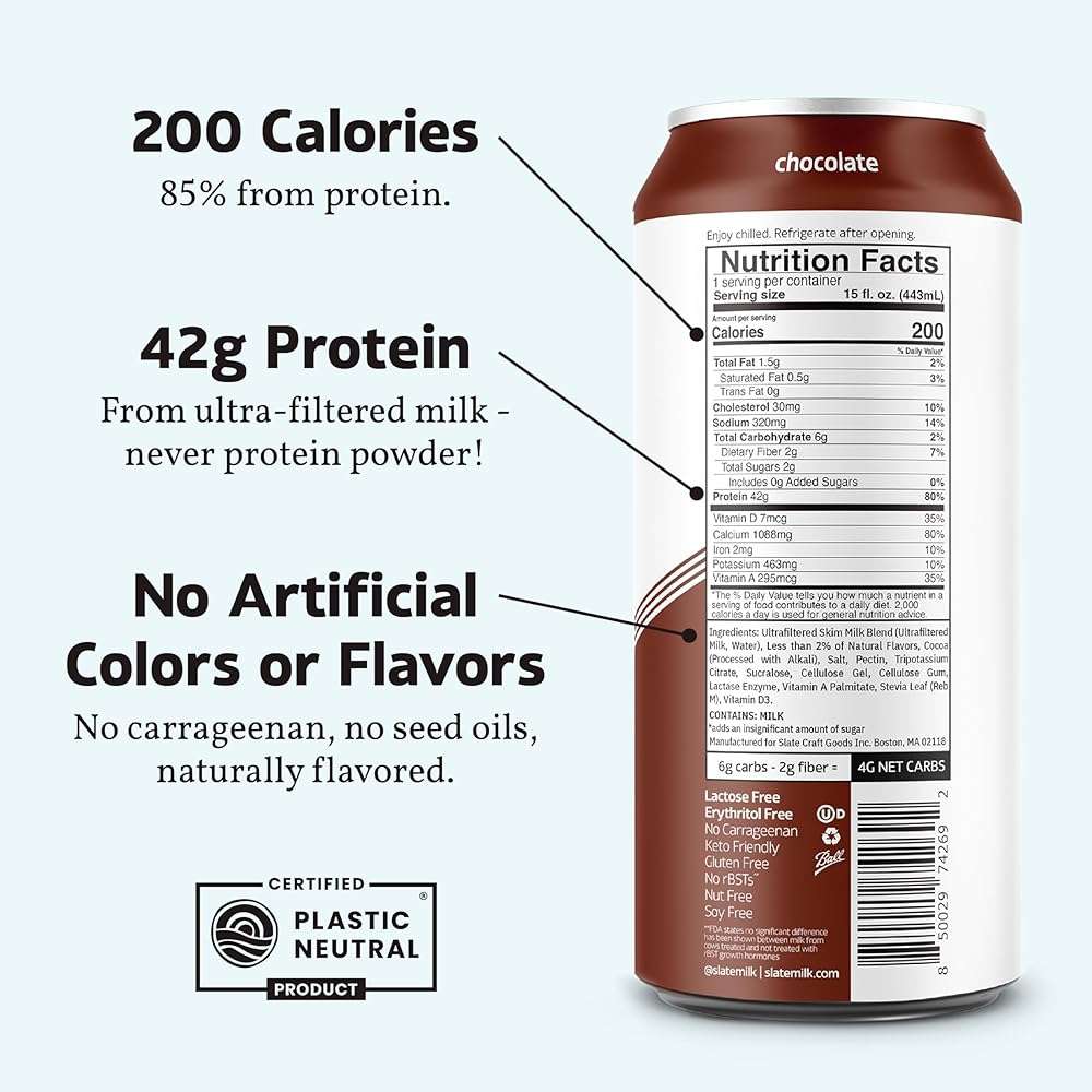Slate Milk - Ultra Protein Shake - Chocolate - 42g Protein, 1g Sugar, 190 Calories, 2g Net Carbs - Lactose Free, No Added Sugar - Made with Ultra Filtered Milk - Breakfast Boost, Post Workout - 15 fl oz, 12 Cans - Image 2