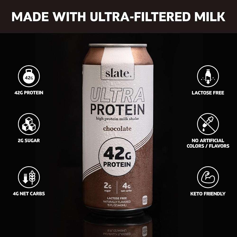 Slate Milk - Ultra Protein Shake - Chocolate - 42g Protein, 1g Sugar, 190 Calories, 2g Net Carbs - Lactose Free, No Added Sugar - Made with Ultra Filtered Milk - Breakfast Boost, Post Workout - 15 fl oz, 12 Cans - Image 3