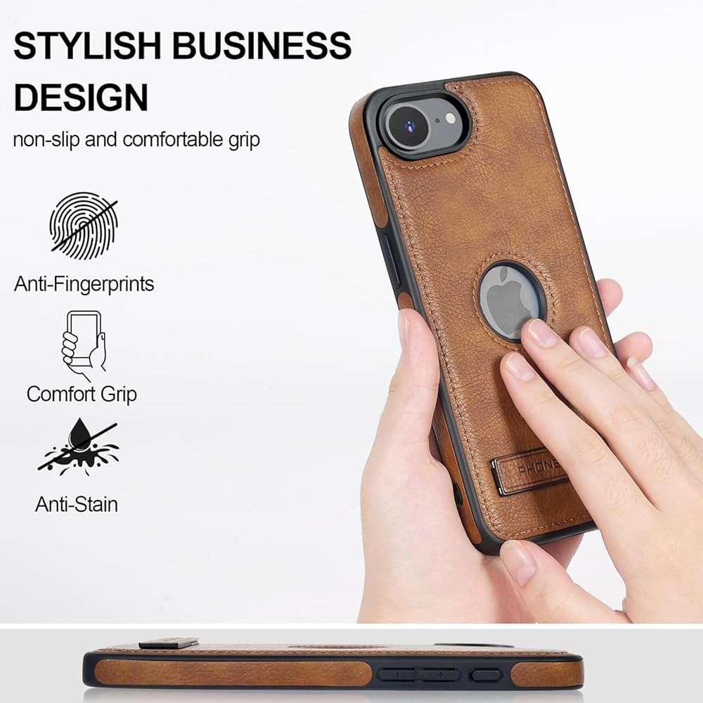 KSELF Leather Case for iPhone 16e/ 17e Case, Protective Slim with Kickstand Shockproof Phone Cases, Built-in Invisible Stand Compatible with iPhone 16e/ 17e 6.1'', Brown - Image 3