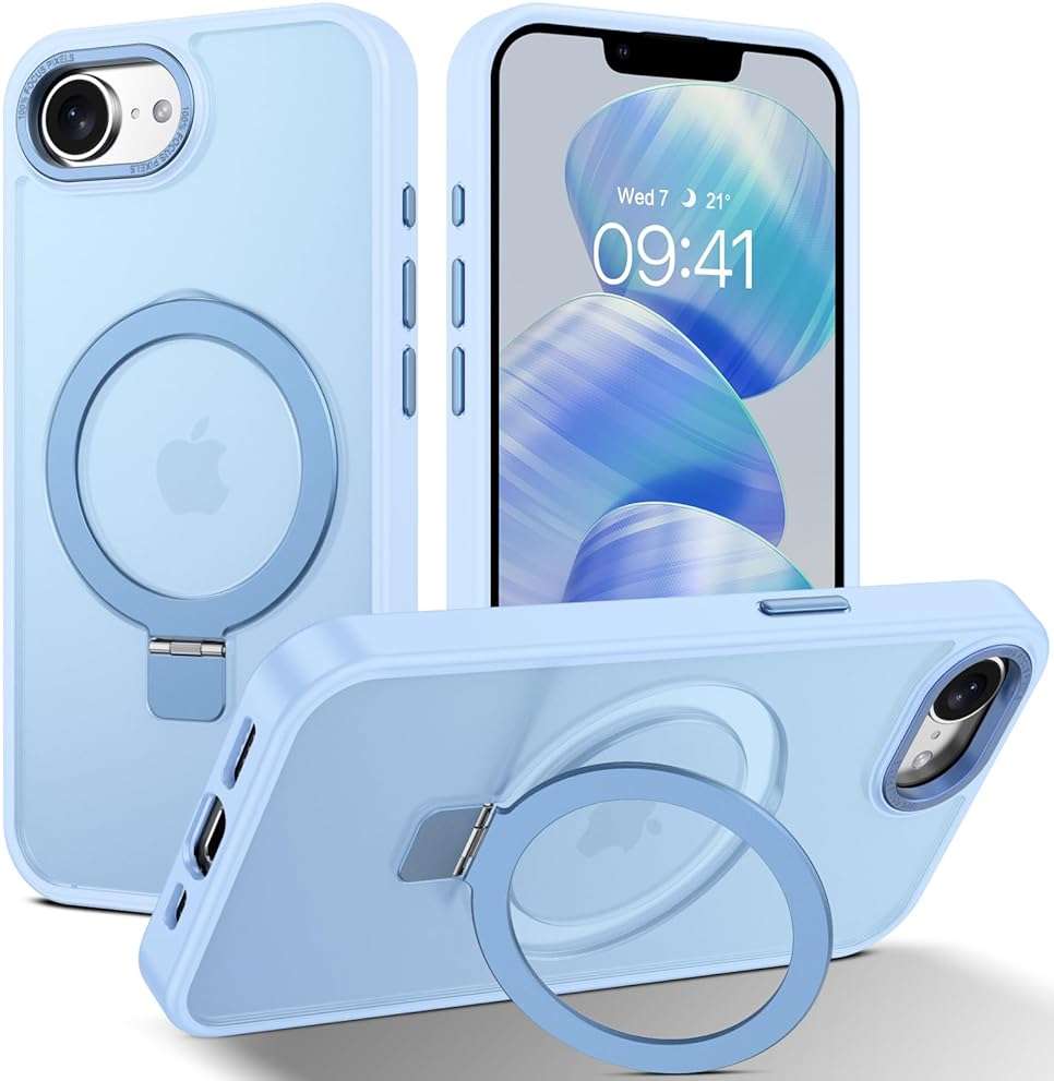 DUEDUE for iPhone 17E/16E Case Magnetic with Ring Stand[Compatible with Magsafe], Full Protective Cover Slim Shockproof Kickstand Phone Case for iPhone 17E/16E 6.1", Light Blue - Image 1