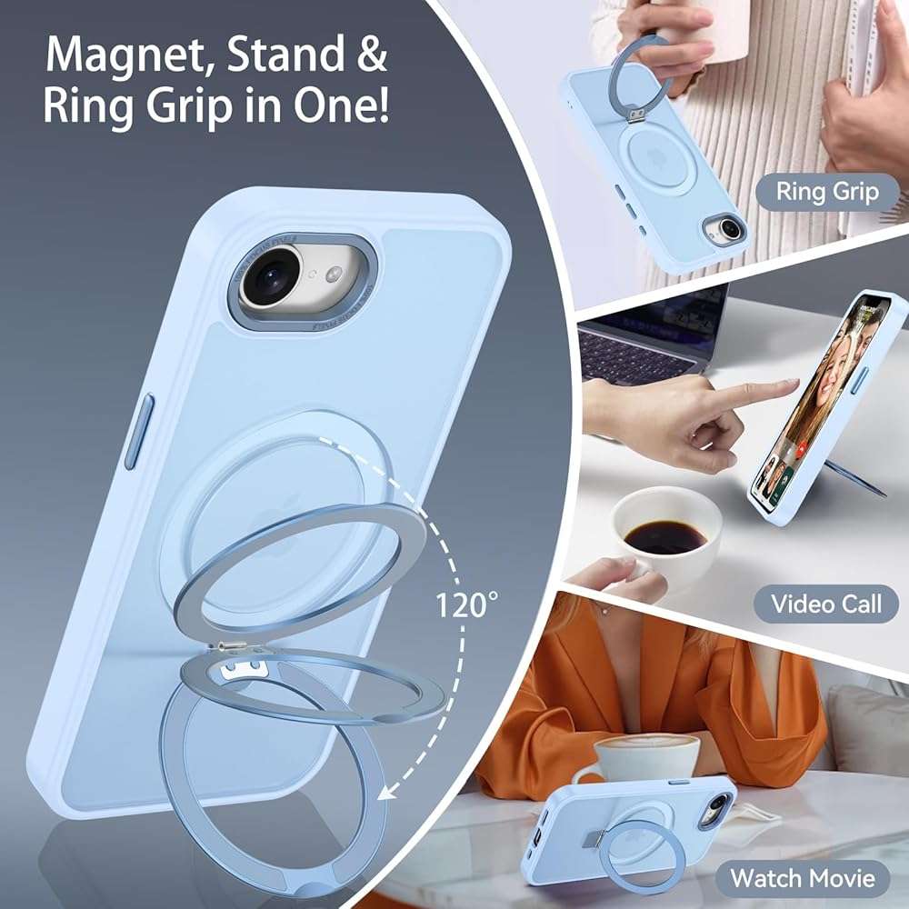 DUEDUE for iPhone 17E/16E Case Magnetic with Ring Stand[Compatible with Magsafe], Full Protective Cover Slim Shockproof Kickstand Phone Case for iPhone 17E/16E 6.1", Light Blue - Image 2