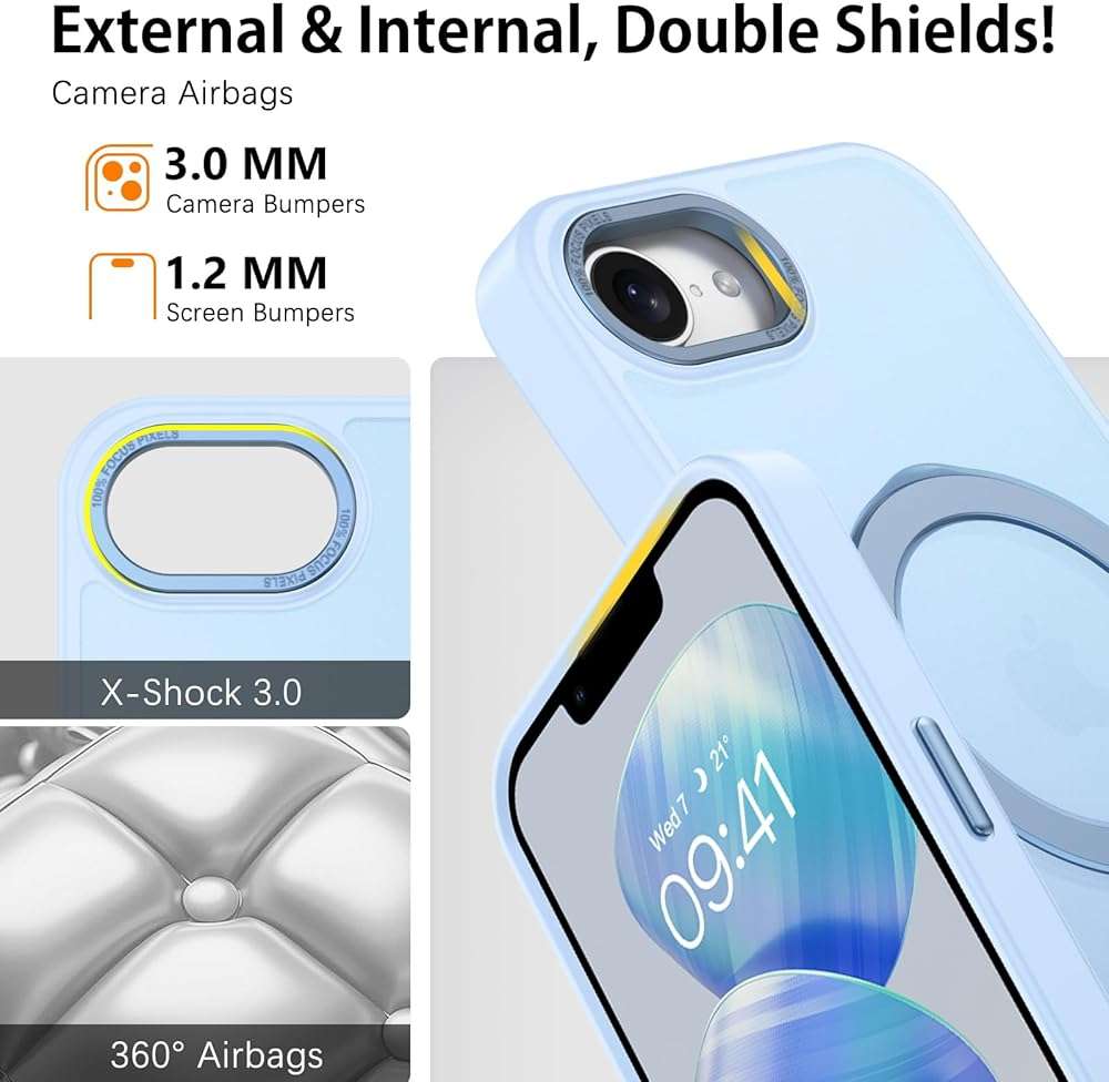 DUEDUE for iPhone 17E/16E Case Magnetic with Ring Stand[Compatible with Magsafe], Full Protective Cover Slim Shockproof Kickstand Phone Case for iPhone 17E/16E 6.1", Light Blue - Image 3