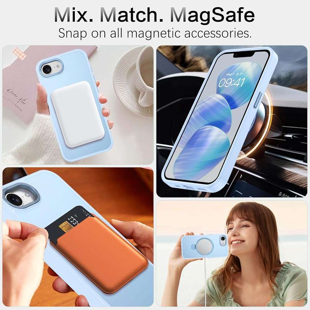DUEDUE for iPhone 17E/16E Case Magnetic with Ring Stand[Compatible with Magsafe], Full Protective Cover Slim Shockproof Kickstand Phone Case for iPhone 17E/16E 6.1", Light Blue - Image 4
