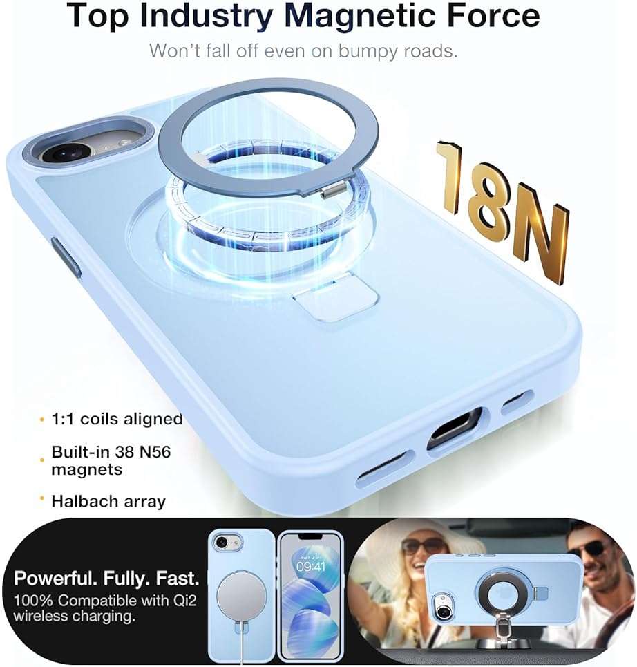 DUEDUE for iPhone 17E/16E Case Magnetic with Ring Stand[Compatible with Magsafe], Full Protective Cover Slim Shockproof Kickstand Phone Case for iPhone 17E/16E 6.1", Light Blue - Image 8
