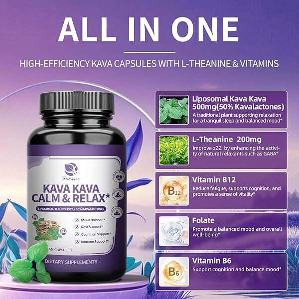 Kava Kava Root Extract Supplement - Liposomal Kava Capsules with L Theanine 200mg, 50% Kavalactones, Relax Calming Kava Extract, Vitamin B6, B12 - for Sleep, Mood, Cognitive & Immune Support, 60CT - Image 2