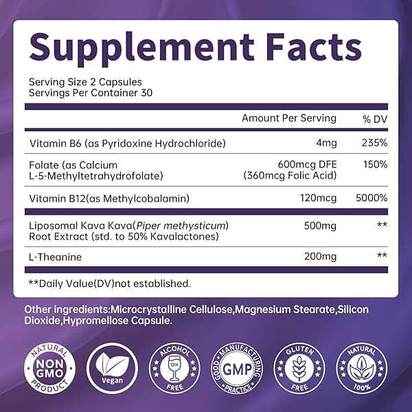 Kava Kava Root Extract Supplement - Liposomal Kava Capsules with L Theanine 200mg, 50% Kavalactones, Relax Calming Kava Extract, Vitamin B6, B12 - for Sleep, Mood, Cognitive & Immune Support, 60CT - Image 8
