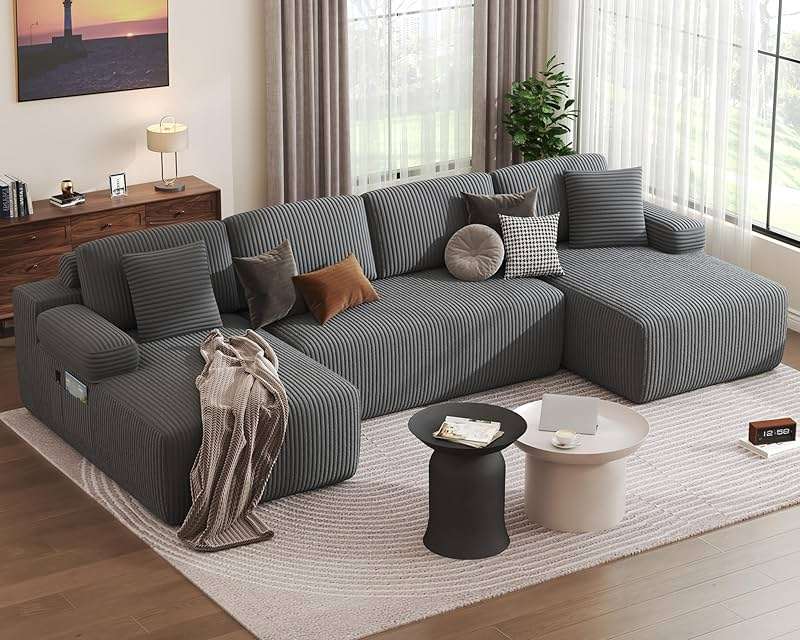 DURASPACE 126.2'' U Shaped Modular Sofa with Chaise, Cloud Boneless Comfort Sectional Sofa Couch, Modern Corduroy Deep Seat Couch, Convertible 4-Seater for Living Room (Gray) - Image 1