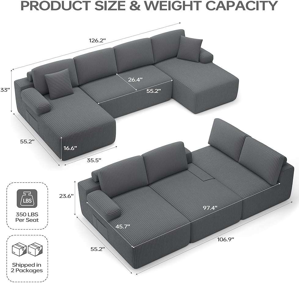 DURASPACE 126.2'' U Shaped Modular Sofa with Chaise, Cloud Boneless Comfort Sectional Sofa Couch, Modern Corduroy Deep Seat Couch, Convertible 4-Seater for Living Room (Gray) - Image 2