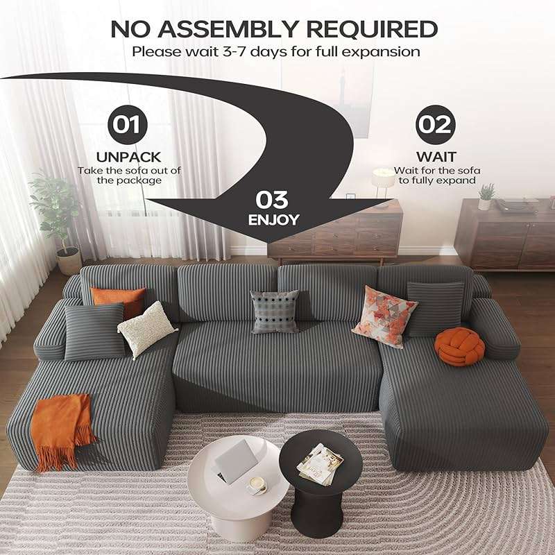 DURASPACE 126.2'' U Shaped Modular Sofa with Chaise, Cloud Boneless Comfort Sectional Sofa Couch, Modern Corduroy Deep Seat Couch, Convertible 4-Seater for Living Room (Gray) - Image 4