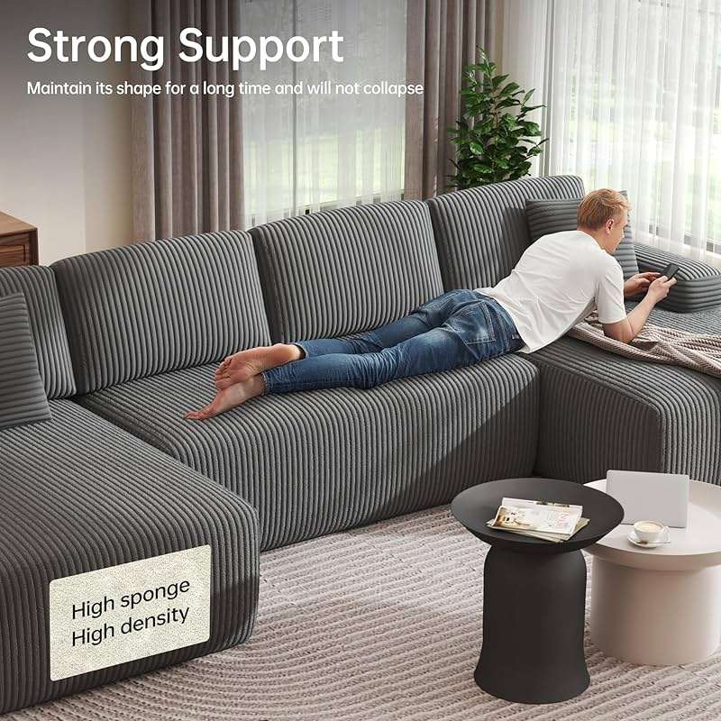 DURASPACE 126.2'' U Shaped Modular Sofa with Chaise, Cloud Boneless Comfort Sectional Sofa Couch, Modern Corduroy Deep Seat Couch, Convertible 4-Seater for Living Room (Gray) - Image 5