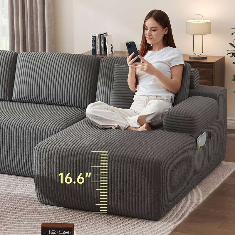 DURASPACE 126.2'' U Shaped Modular Sofa with Chaise, Cloud Boneless Comfort Sectional Sofa Couch, Modern Corduroy Deep Seat Couch, Convertible 4-Seater for Living Room (Gray) - Image 6