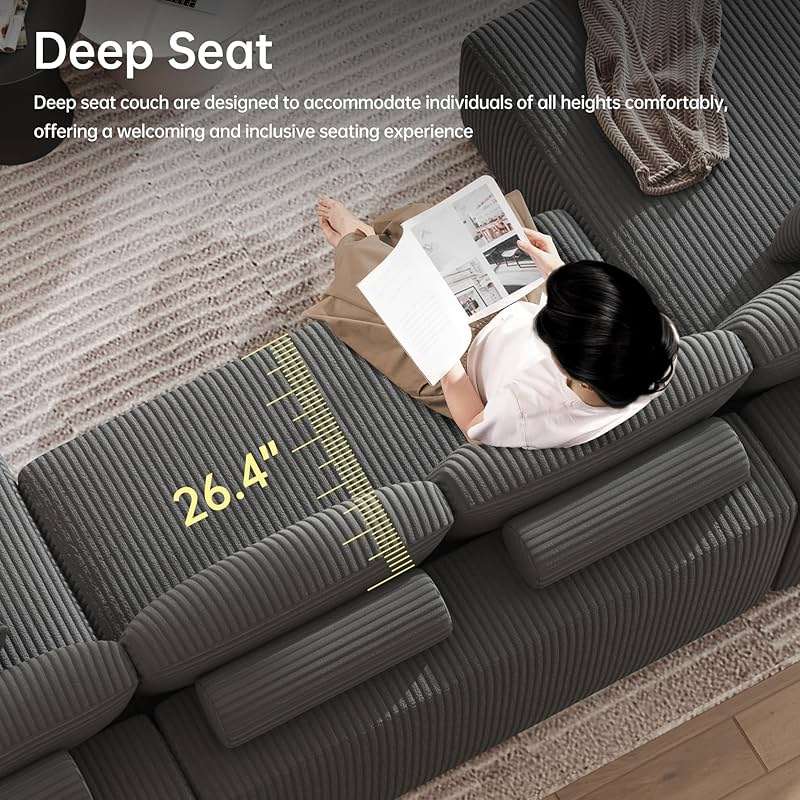 DURASPACE 126.2'' U Shaped Modular Sofa with Chaise, Cloud Boneless Comfort Sectional Sofa Couch, Modern Corduroy Deep Seat Couch, Convertible 4-Seater for Living Room (Gray) - Image 7