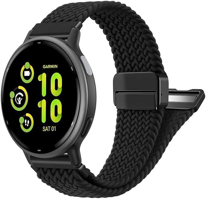 FINTIE Magnetic Braided Band Compatible with Garmin Vivoactive 5/6/3/3 Music/Forerunner 55/165/245/645/Venu Sq 2, 20mm Soft Elastic Fabric Adjustable Replacement Sport Straps - Image 1