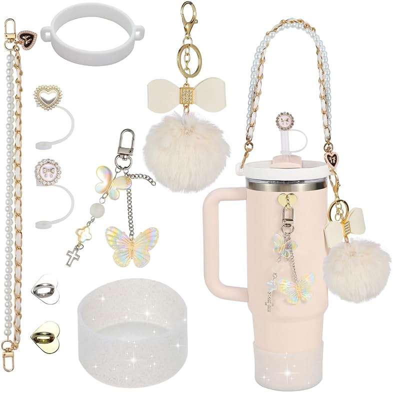 Stanley Cup Accessories 9-Piece Kit for 40oz & 30oz | Silicone Fashion Straw Covers, Sparkle Cup Boot, Pearl Handle Strap, Hairball Bow Charms | Bling Decoration Gift for Women Girls - Image 1