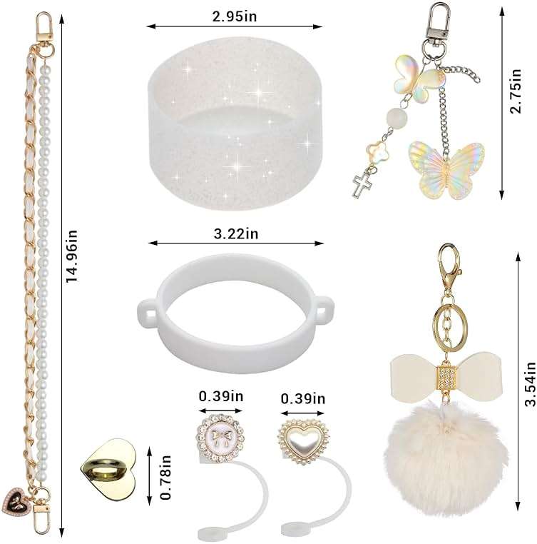 Stanley Cup Accessories 9-Piece Kit for 40oz & 30oz | Silicone Fashion Straw Covers, Sparkle Cup Boot, Pearl Handle Strap, Hairball Bow Charms | Bling Decoration Gift for Women Girls - Image 3
