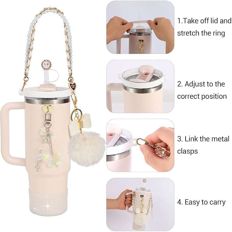Stanley Cup Accessories 9-Piece Kit for 40oz & 30oz | Silicone Fashion Straw Covers, Sparkle Cup Boot, Pearl Handle Strap, Hairball Bow Charms | Bling Decoration Gift for Women Girls - Image 4