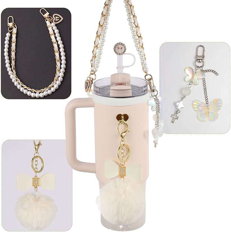 Stanley Cup Accessories 9-Piece Kit for 40oz & 30oz | Silicone Fashion Straw Covers, Sparkle Cup Boot, Pearl Handle Strap, Hairball Bow Charms | Bling Decoration Gift for Women Girls - Image 5