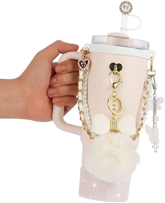 Stanley Cup Accessories 9-Piece Kit for 40oz & 30oz | Silicone Fashion Straw Covers, Sparkle Cup Boot, Pearl Handle Strap, Hairball Bow Charms | Bling Decoration Gift for Women Girls - Image 7