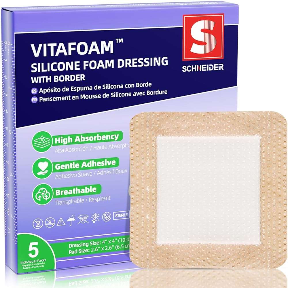 VitaFoam 5 Pack Silicone Foam Dressing 4" x 4" with Border, High Absorbency Wound Bandage, Gentle Adhesion, Soft Breathable Silicone Bandages for Wound Care - Image 1