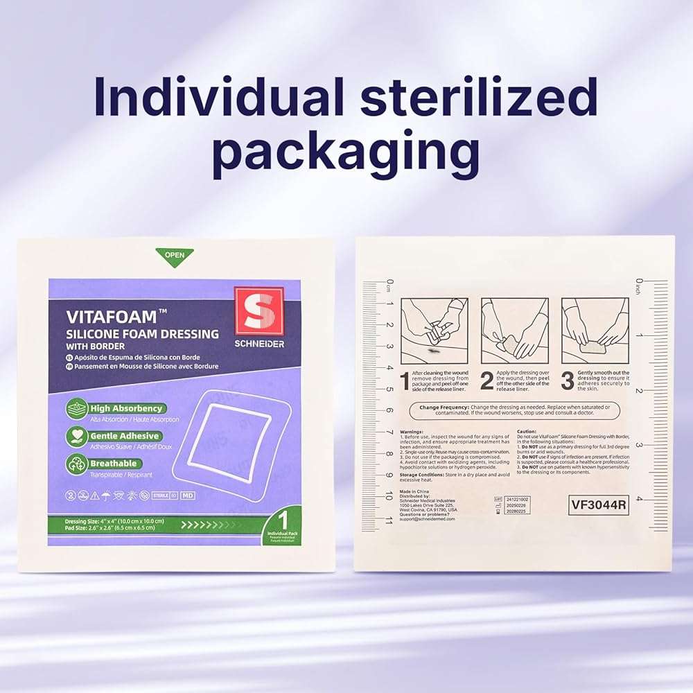 VitaFoam 5 Pack Silicone Foam Dressing 4" x 4" with Border, High Absorbency Wound Bandage, Gentle Adhesion, Soft Breathable Silicone Bandages for Wound Care - Image 2