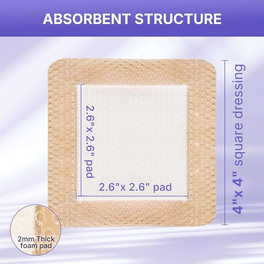 VitaFoam 5 Pack Silicone Foam Dressing 4" x 4" with Border, High Absorbency Wound Bandage, Gentle Adhesion, Soft Breathable Silicone Bandages for Wound Care - Image 3