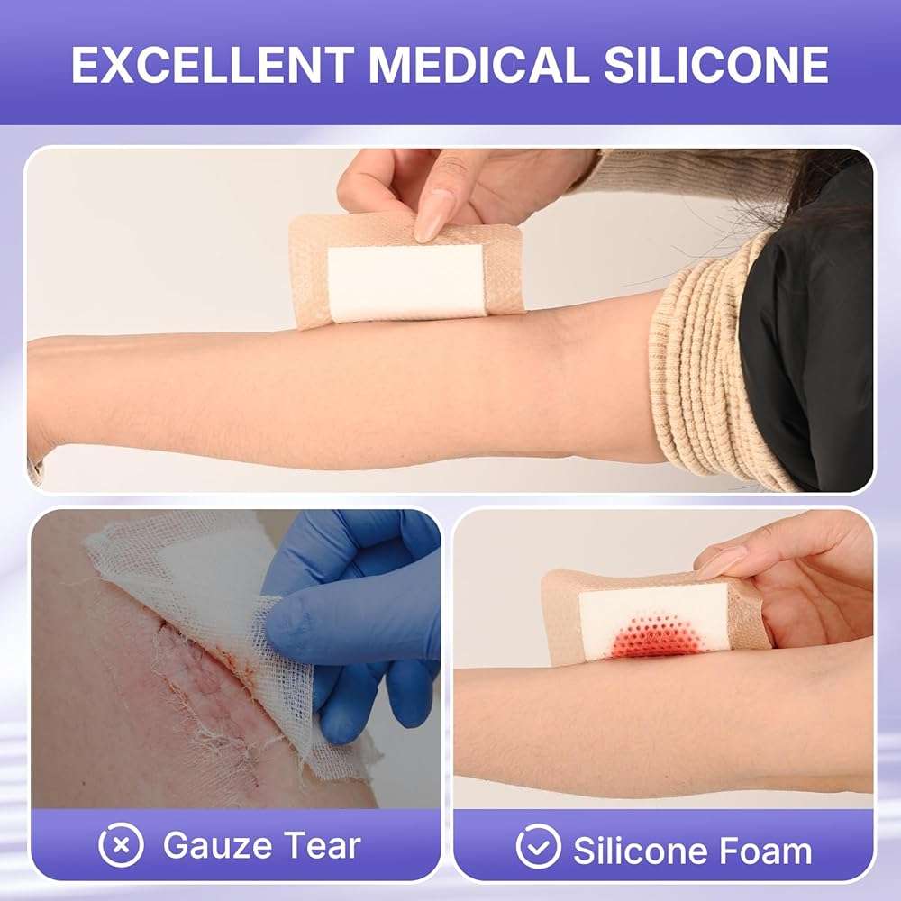 VitaFoam 5 Pack Silicone Foam Dressing 4" x 4" with Border, High Absorbency Wound Bandage, Gentle Adhesion, Soft Breathable Silicone Bandages for Wound Care - Image 4
