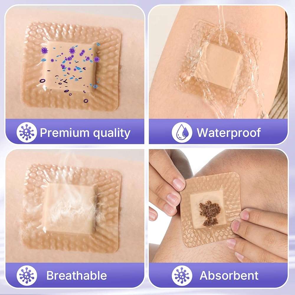 VitaFoam 5 Pack Silicone Foam Dressing 4" x 4" with Border, High Absorbency Wound Bandage, Gentle Adhesion, Soft Breathable Silicone Bandages for Wound Care - Image 6