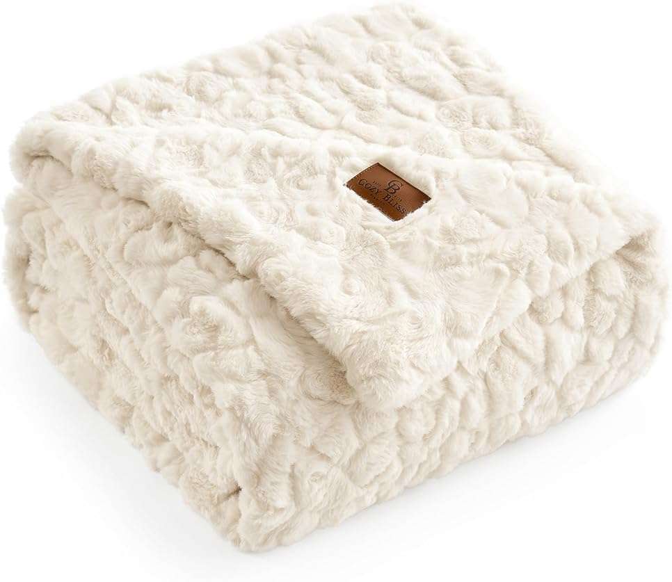 Cozy Bliss Faux Fur Throw Blanket for Couch, Fuzzy Soft Plush Thick Warm Fluffy Reversible Wave Textured Blanket for Sofa Bedroom Living Room, 55 * 70 Inches Cream White - Image 1