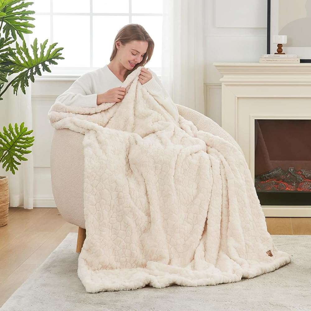 Cozy Bliss Faux Fur Throw Blanket for Couch, Fuzzy Soft Plush Thick Warm Fluffy Reversible Wave Textured Blanket for Sofa Bedroom Living Room, 55 * 70 Inches Cream White - Image 7