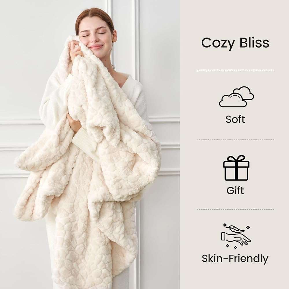 Cozy Bliss Faux Fur Throw Blanket for Couch, Fuzzy Soft Plush Thick Warm Fluffy Reversible Wave Textured Blanket for Sofa Bedroom Living Room, 55 * 70 Inches Cream White - Image 8