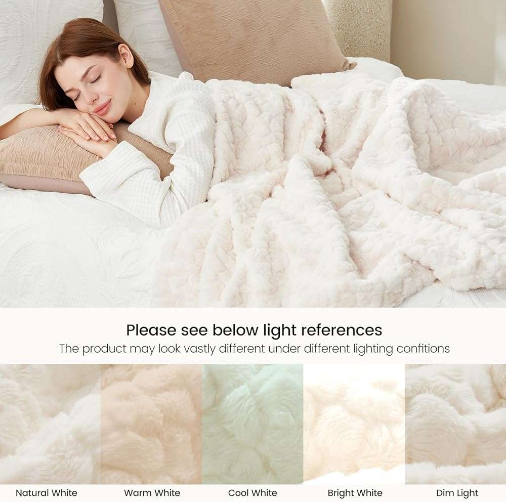 Cozy Bliss Faux Fur Throw Blanket for Couch, Fuzzy Soft Plush Thick Warm Fluffy Reversible Wave Textured Blanket for Sofa Bedroom Living Room, 55 * 70 Inches Cream White - Image 9