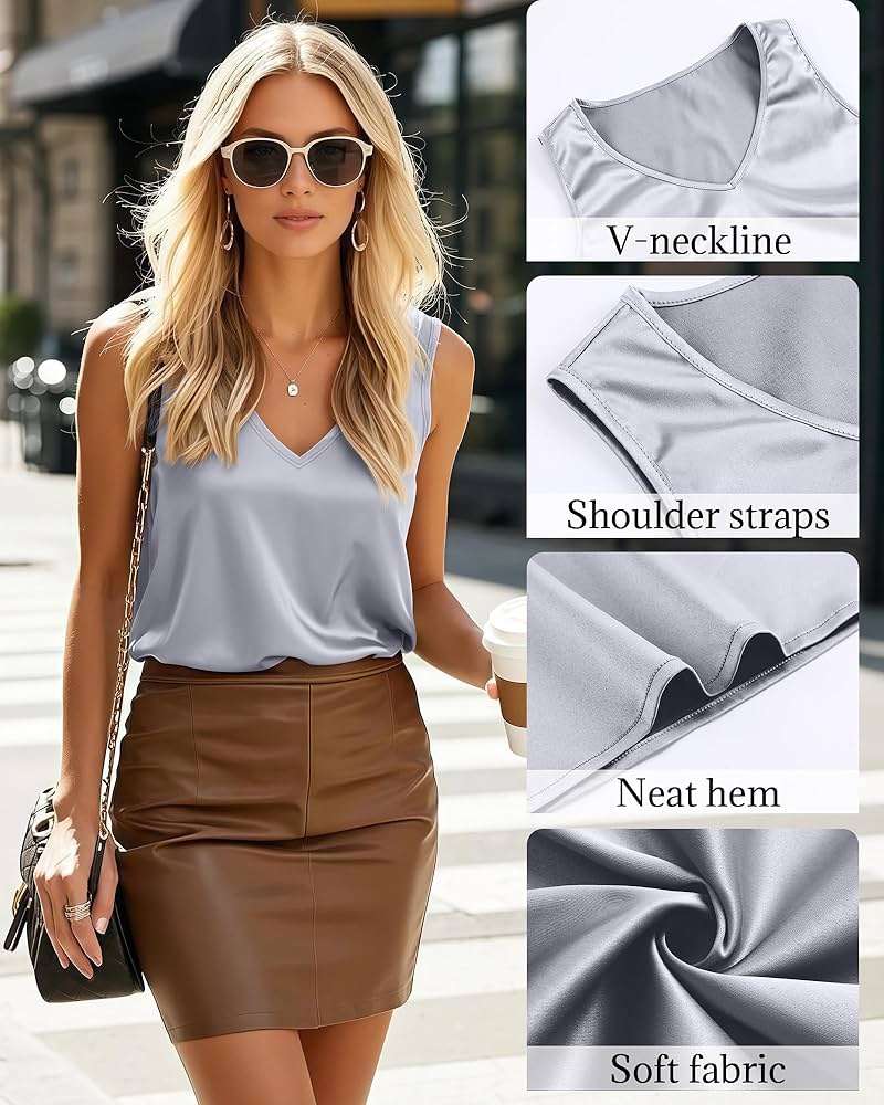 Riyiper 3 Pack Women's Silk Satin Tank Tops, Sleeveless V Neck Cami Summer Casual Camisole Loose Fit Basic Blouses Shirt - Image 4