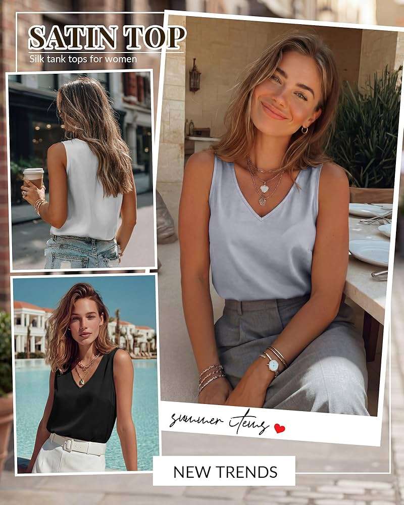Riyiper 3 Pack Women's Silk Satin Tank Tops, Sleeveless V Neck Cami Summer Casual Camisole Loose Fit Basic Blouses Shirt - Image 5