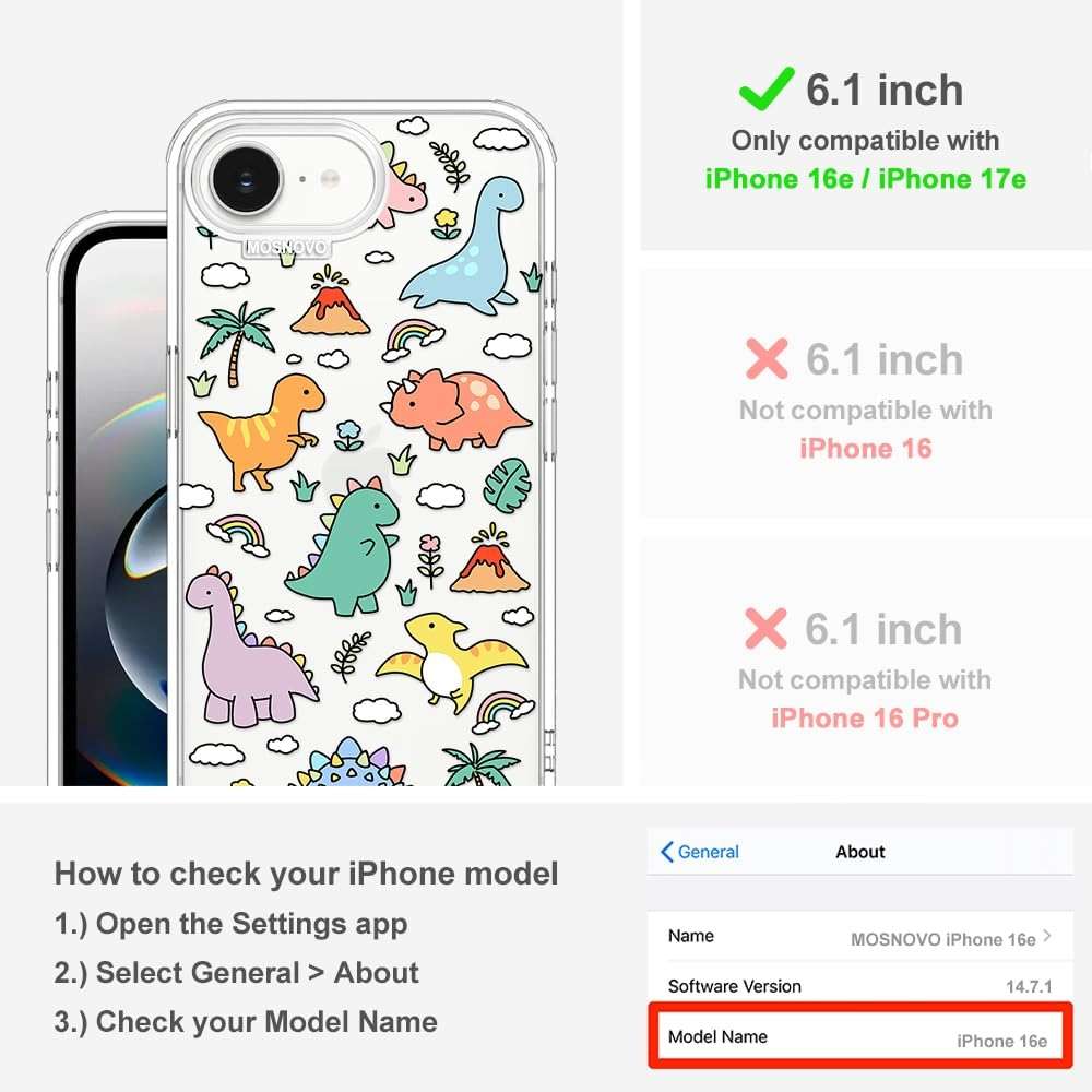 MOSNOVO for iPhone 17e Case/iPhone 16e Case, Shockproof Military-Grade Protection 6.6ft Drop Tested, Clear Phone Case for iPhone 16e / iPhone 17e, Dinosaur Land Design - Image 2