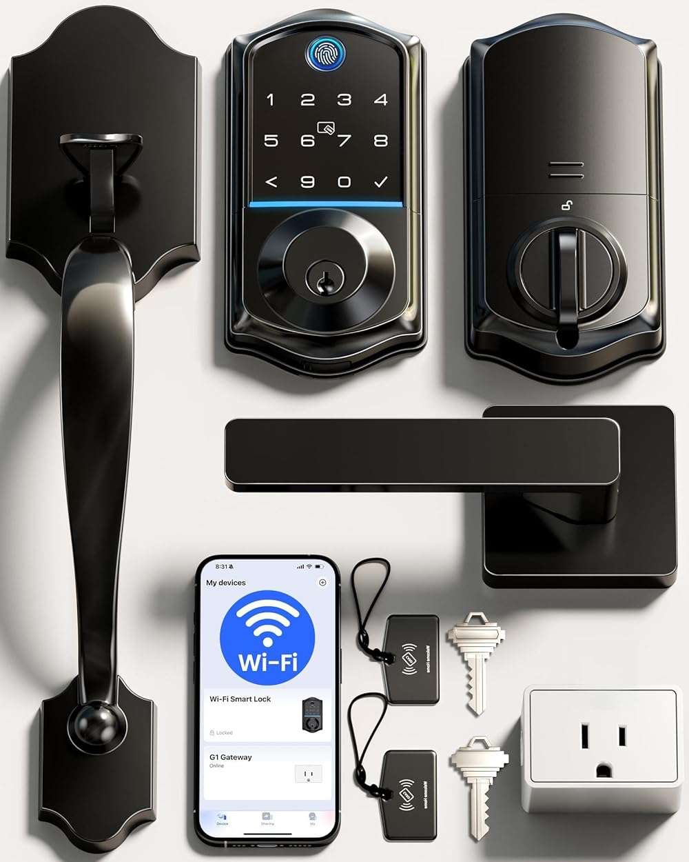 Veise VE017G-H Wi-Fi Smart Fingerprint Front Door Lock Set, Remote App Control, Keyless Entry Deadbolt with Handle, Backlit Keypad, IP55 Weatherproof, Auto Lock, Easy to Install, Matte Black - Image 1
