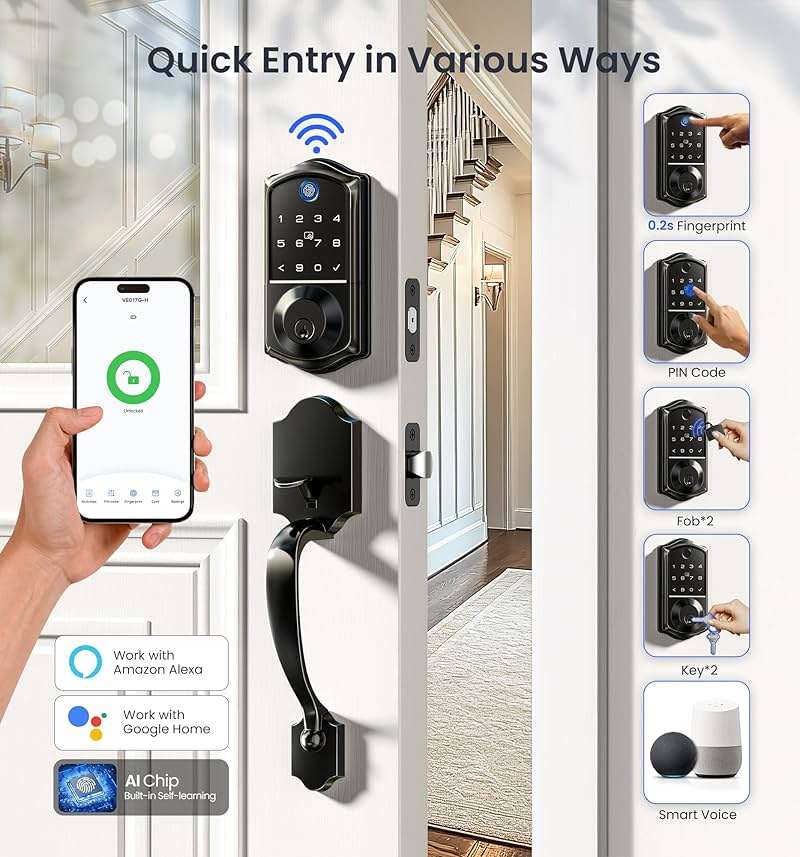 Veise VE017G-H Wi-Fi Smart Fingerprint Front Door Lock Set, Remote App Control, Keyless Entry Deadbolt with Handle, Backlit Keypad, IP55 Weatherproof, Auto Lock, Easy to Install, Matte Black - Image 2