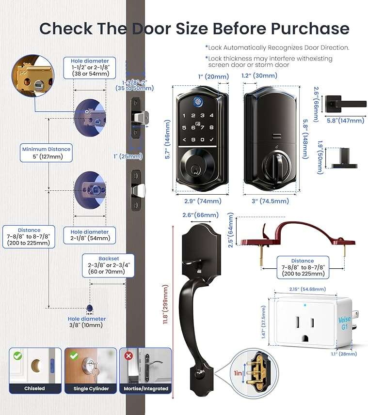 Veise VE017G-H Wi-Fi Smart Fingerprint Front Door Lock Set, Remote App Control, Keyless Entry Deadbolt with Handle, Backlit Keypad, IP55 Weatherproof, Auto Lock, Easy to Install, Matte Black - Image 9