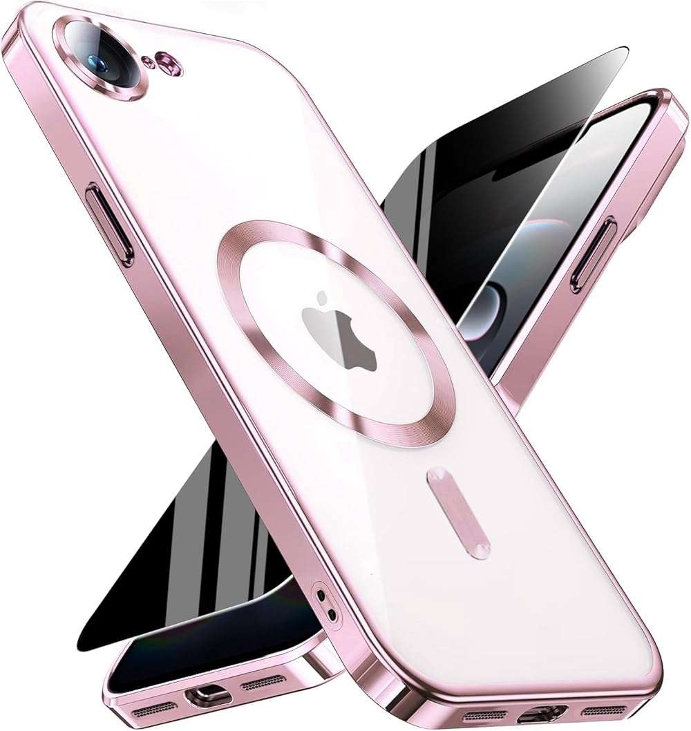 Magnetic for iPhone 17e/16e Case with Privacy Screen Protector & Full Camera Cover,[Non-Yellowing] Plating Glossy Soft Shockproof Clear Phone Case with MagSafe Women Girls for iphone 16 e/ 17 e,Pink - Image 1